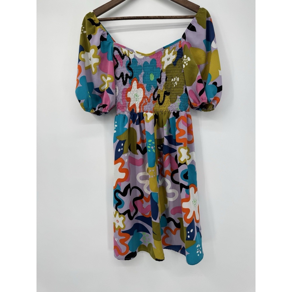 Retro Mod Floral Mini Dress Smocked Bodice Puff Sleeve Colorful Groovy 70s - Picture 2 of 13